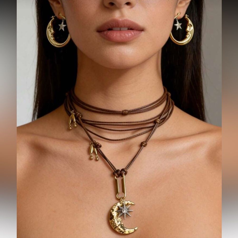 Brown strap moon Necklace N1157